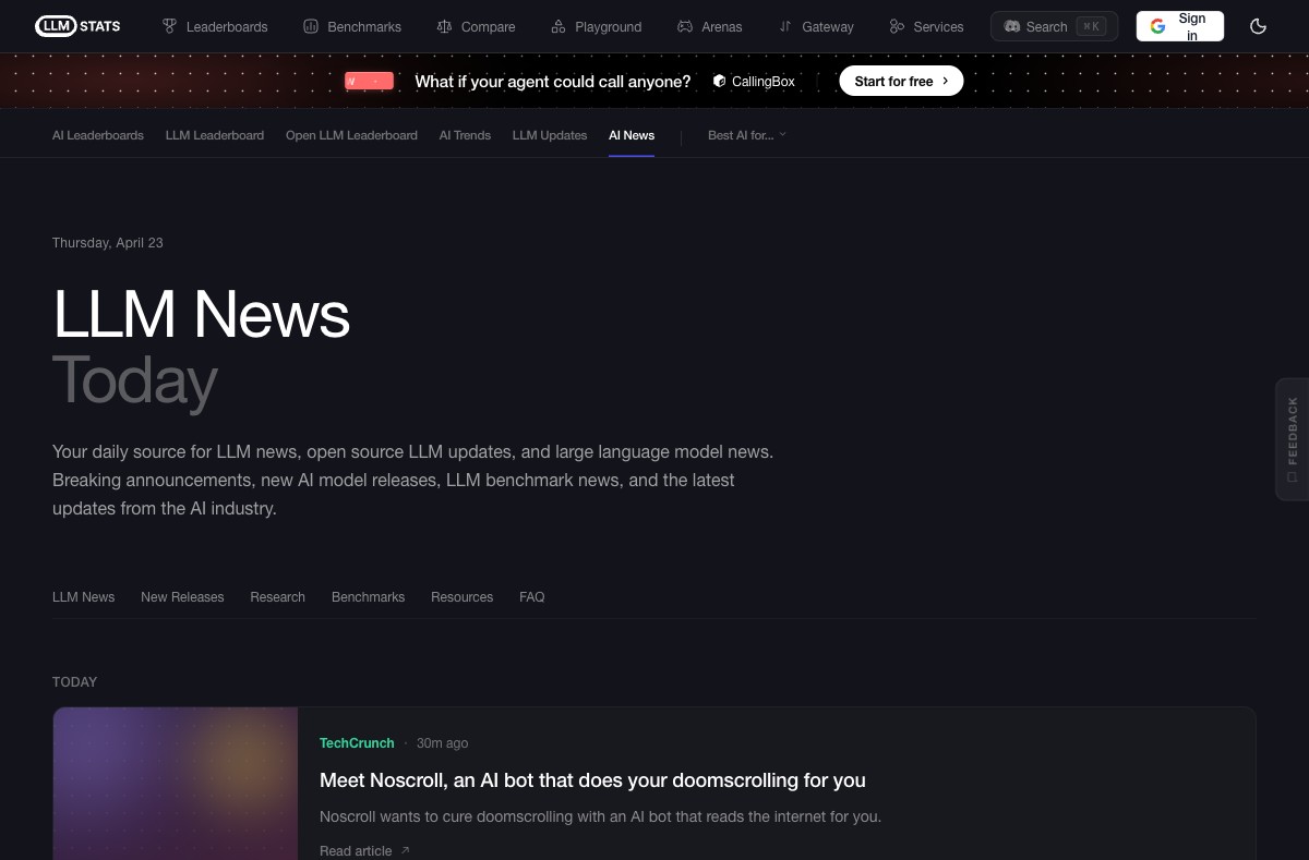 LLM Stats: AI News Today ページ