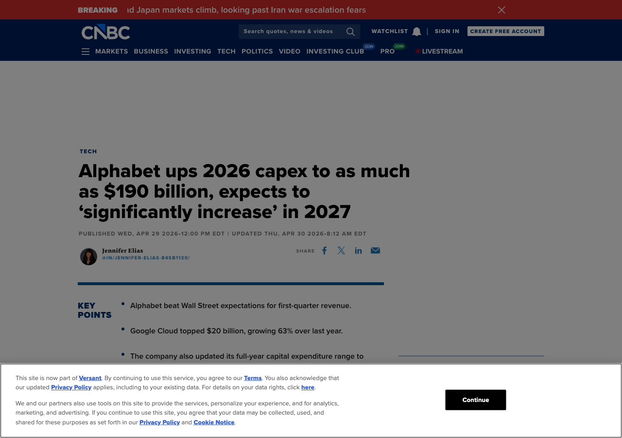 CNBC: Alphabet ups 2026 capex to as much as $190 billion