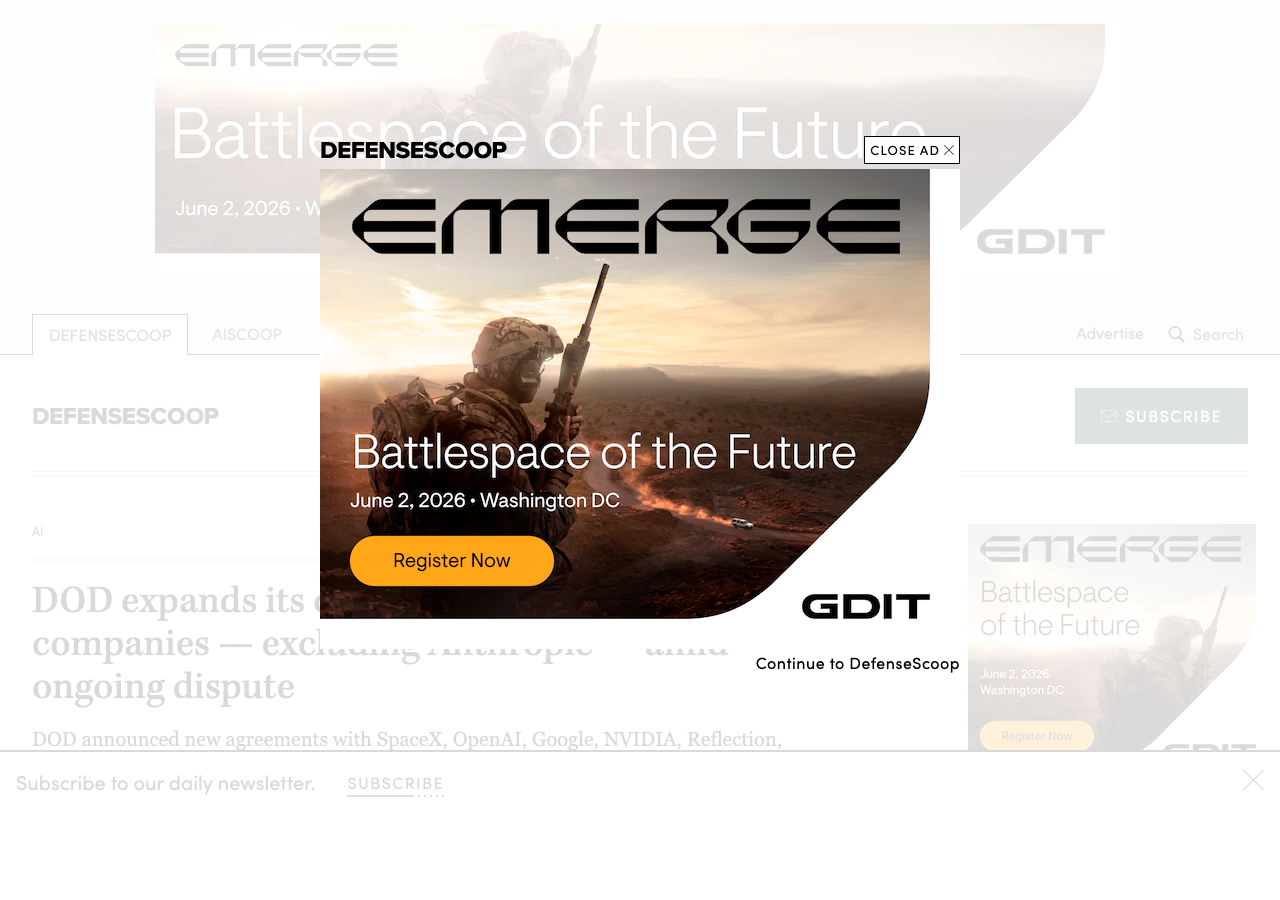 Pentagonが8社のAI企業と機密AI契約を結びAnthropicを除外したDefenseScoop記事
