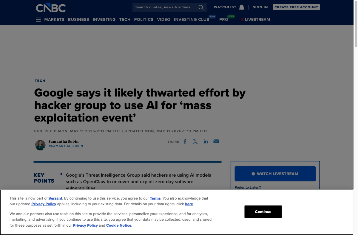 Google says it likely thwarted effort by hacker group to use AI for 'mass exploitation event' — CNBC