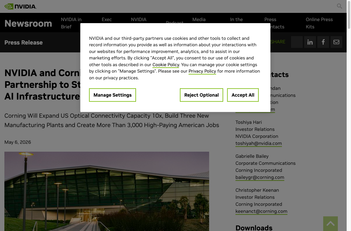 NVIDIA and Corning Announce Long-Term Partnership to Strengthen US Manufacturing for AI Infrastructure — NVIDIA Newsroom